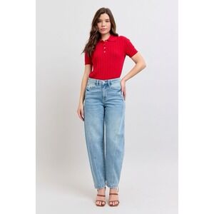 Judy Blue High Waisted Side Panel Barrel Leg Light Wash Jeans Womens 5 / 27